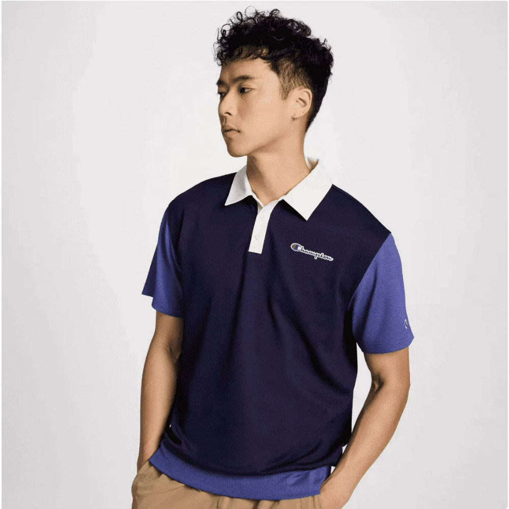 Champion Polo Sweatshirt Navy Blue Colorblock Short Sleeve Athletic XXL